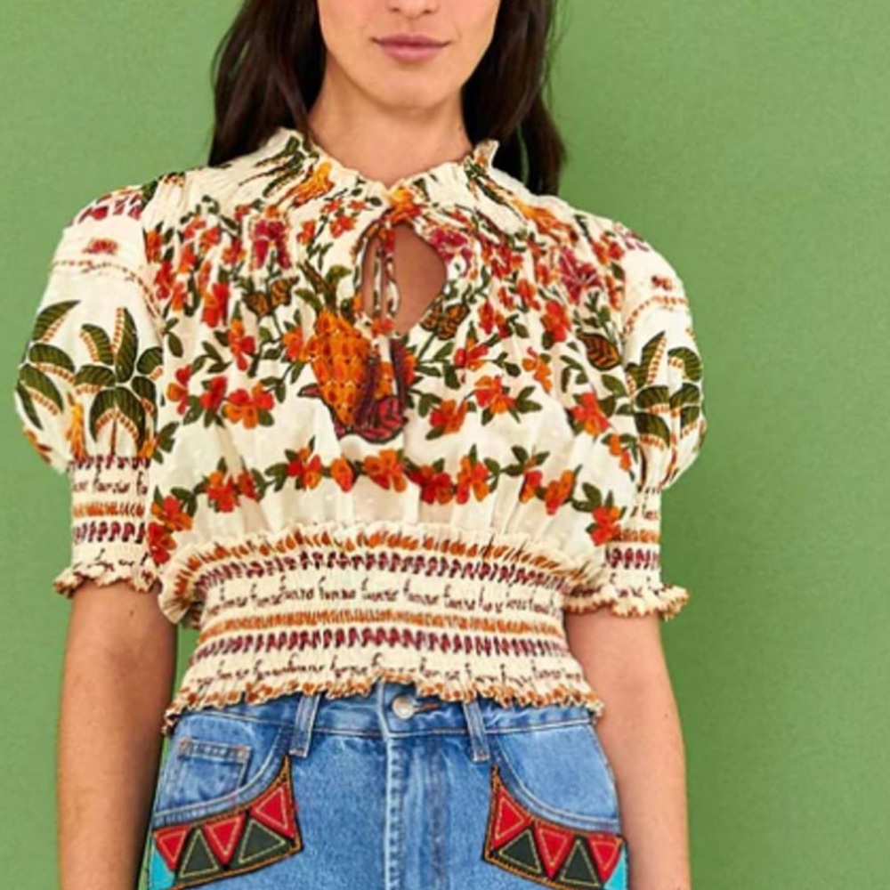 FARM Rio Cream and Red Puff Sleeve Smocked Blouse